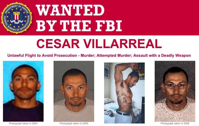 FBI Most Wanted poster of Cesar Villareal for 2010 Los Angeles County murder