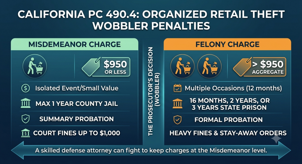 Chart comparing misdemeanor and felony penalties for organized retail theft under California Penal Code 490.4